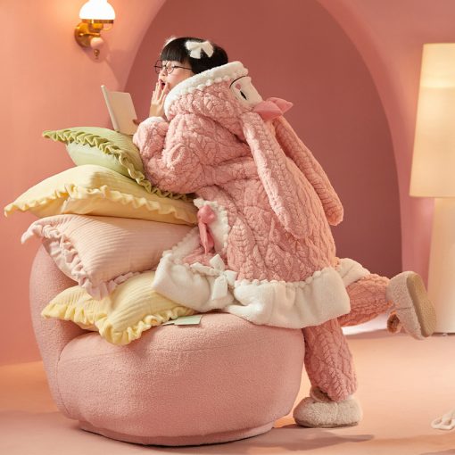 Adorable Pink Bunny Thickened Cotton Girls' Winter Sleep Robe - Image 4