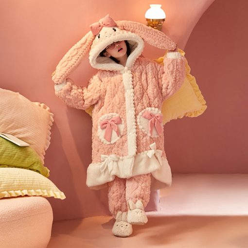 Adorable Pink Bunny Thickened Cotton Girls' Winter Sleep Robe - Image 2