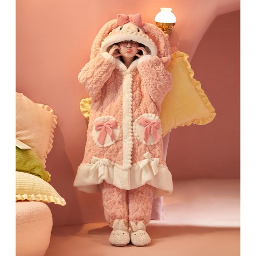 Adorable Pink Bunny Thickened Cotton Girls' Winter Sleep Robe