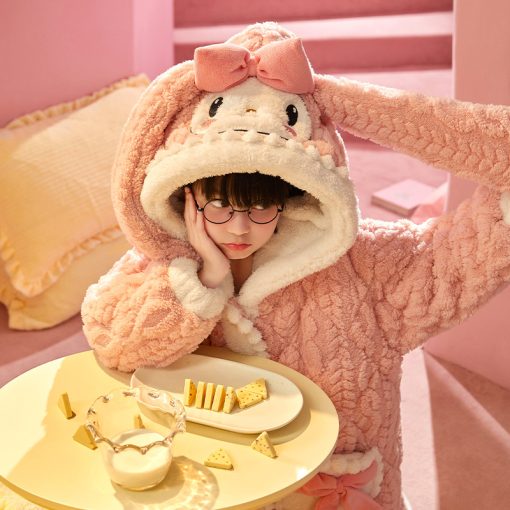 Adorable Pink Bunny Thickened Cotton Girls' Winter Sleep Robe - Image 5