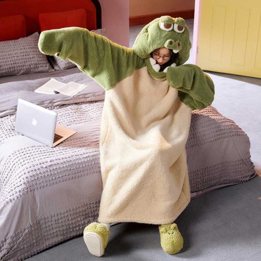 Crocodile Kawaii Cartoon Hooded Sleepwear Home Dress - Image 3