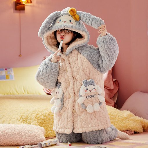 Luckly Bunny Thickened Cotton Girls' Winter Sleep Robe - Image 2