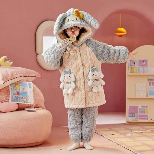 Luckly Bunny Thickened Cotton Girls' Winter Sleep Robe - Image 3