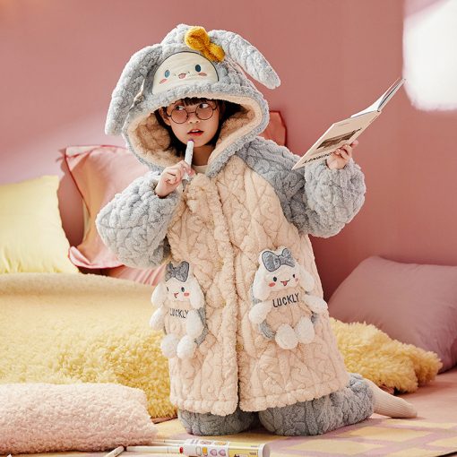 Luckly Bunny Thickened Cotton Girls' Winter Sleep Robe