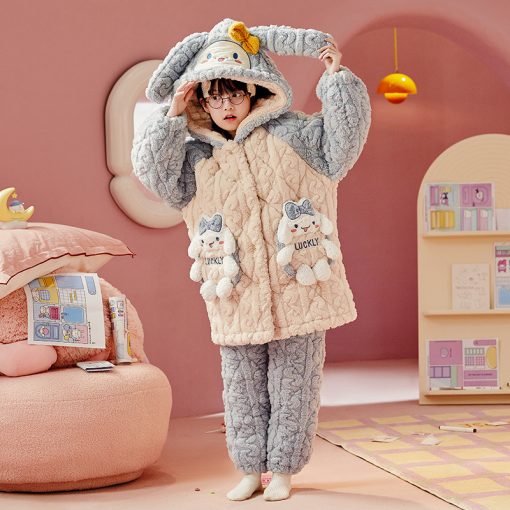 Luckly Bunny Thickened Cotton Girls' Winter Sleep Robe - Image 4