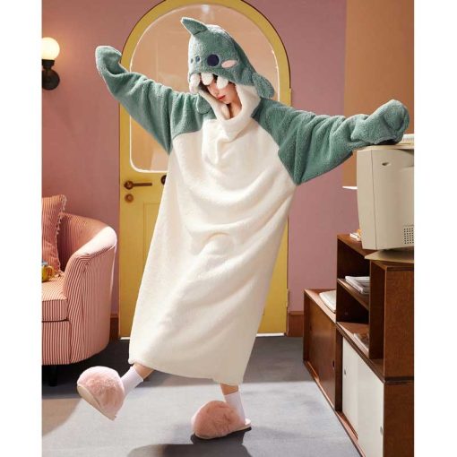 Shark Kawaii Cartoon Hooded Sleepwear Home Dress - Image 2