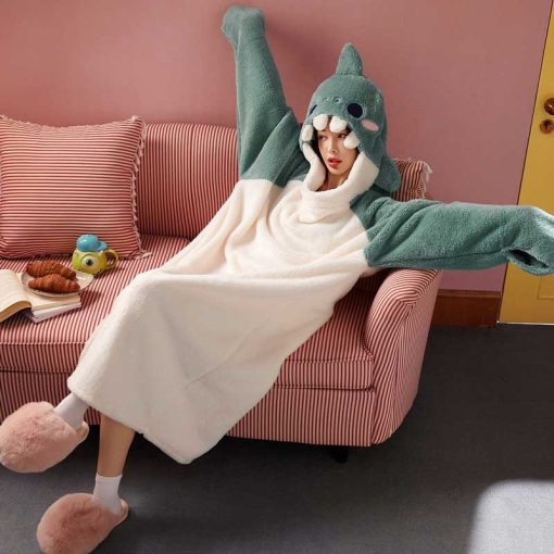 Shark Kawaii Cartoon Hooded Sleepwear Home Dress - Image 3