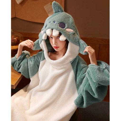 Shark Kawaii Cartoon Hooded Sleepwear Home Dress - Image 5