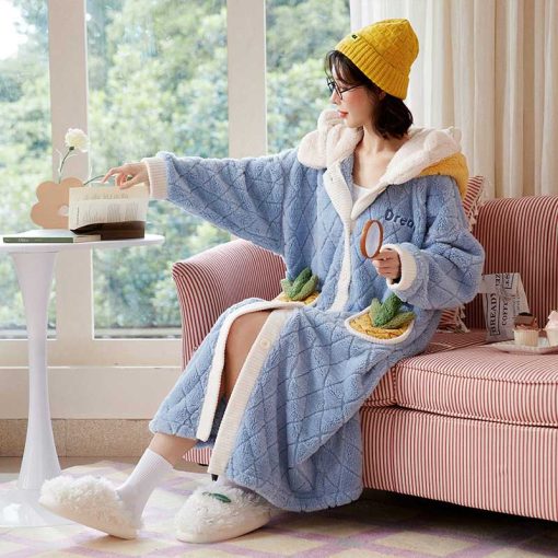 Pineapple Long Plush Robe - Thick Coral Fleece Home Sleepwear - Image 6