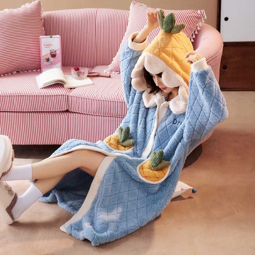 Pineapple Long Plush Robe - Thick Coral Fleece Home Sleepwear - Image 4