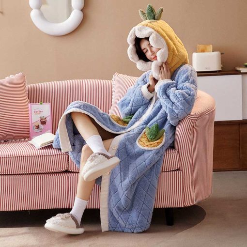 Pineapple Long Plush Robe - Thick Coral Fleece Home Sleepwear