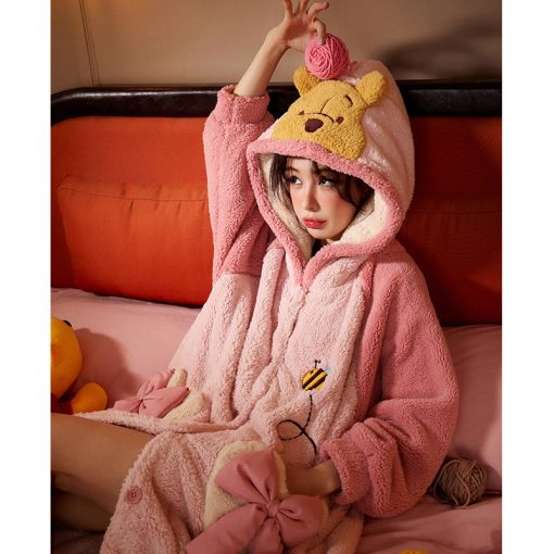 Pink Winnie Bear Long Plush Robe - Thick Coral Fleece Home Sleepwear - Image 4