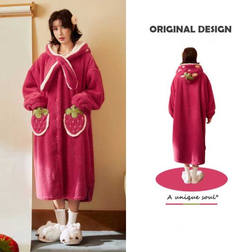 Strawberry Long Plush Robe - Thick Coral Fleece Home Sleepwear - Image 2