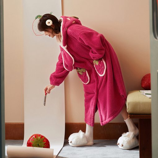 Strawberry Long Plush Robe - Thick Coral Fleece Home Sleepwear - Image 4