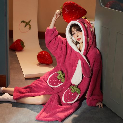 Strawberry Long Plush Robe - Thick Coral Fleece Home Sleepwear