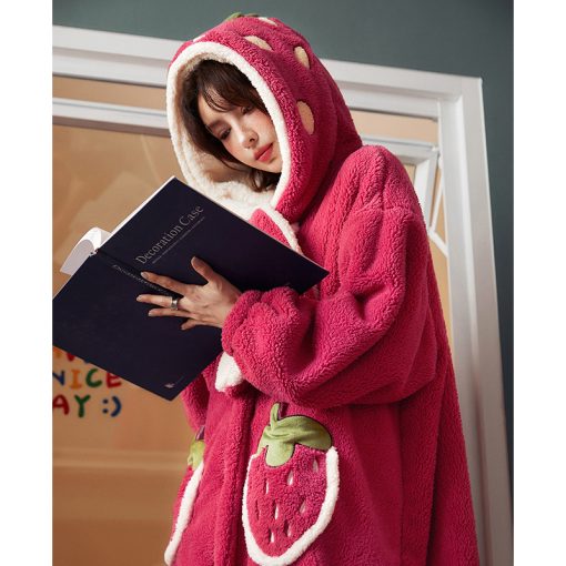 Strawberry Long Plush Robe - Thick Coral Fleece Home Sleepwear - Image 6